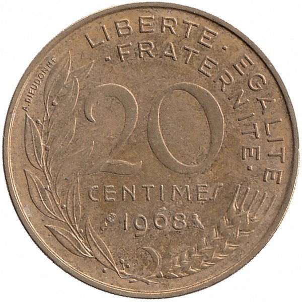 Франция 20 сантимов 1968 год