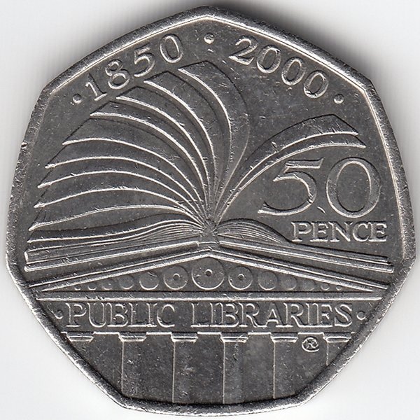 Великобритания 50 пенсов 2000 год (150 лет публичной библиотеке)