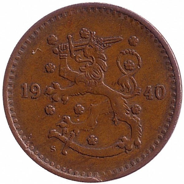 Финляндия 1 марка 1940 год (медь)