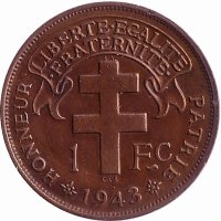 Камерун (Французский мандат) 1 франк 1943 год CAMEROUN FRANÇAIS LIBRE (XF+)