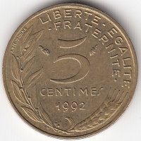 Франция 5 сантимов 1992 год