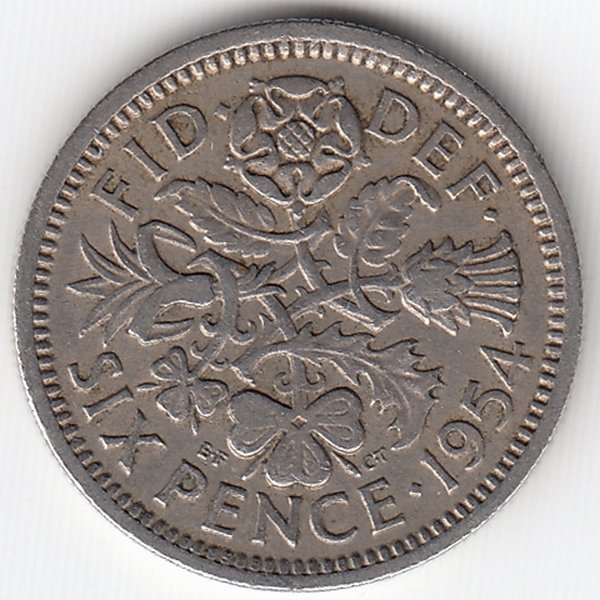 Великобритания 6 пенсов 1954 год