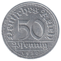 Германия (Веймарская республика) 50 пфеннигов 1920 год (F)