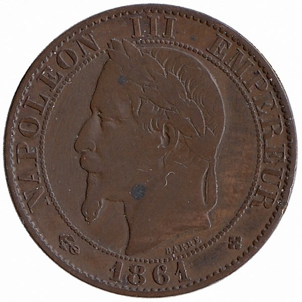 Франция 5 сантимов 1861 год (отметка МД: "BB" – Страсбург)