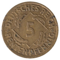 Германия (Веймарская республика) 5 рентенпфеннигов 1924 год (J) VF-