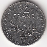 Франция 1/2 франка 1991 год