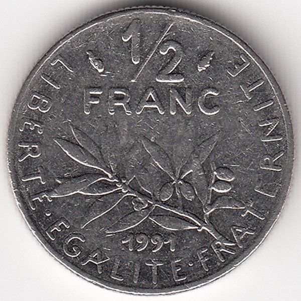 Франция 1/2 франка 1991 год