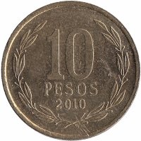 Чили 10 песо 2010 год (с меткой "R.Thenot" на аверсе)