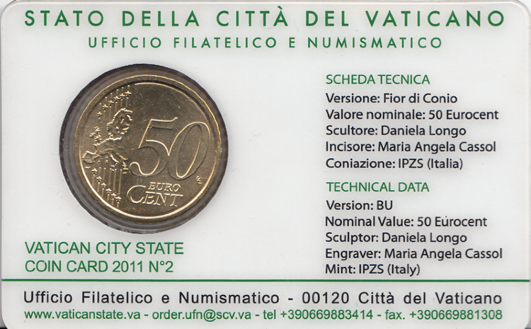 Ватикан 50 евроцентов 2011 год (coin card № 2)