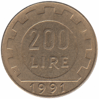 Италия 200 лир 1991 год