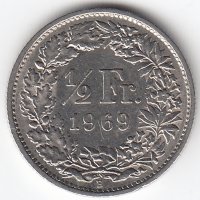 Швейцария 1/2 франка 1969 год (В)