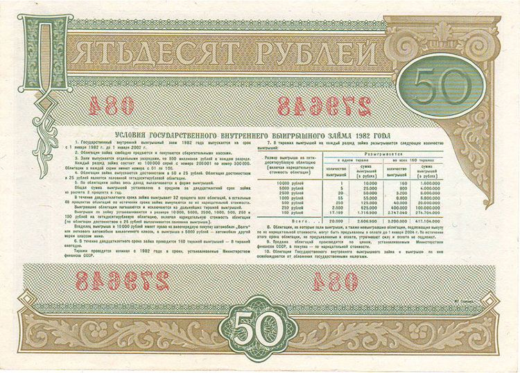 Облигация 50 рублей 1982 г. Государственный внутренний выигрышный заем СССР