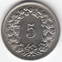 Швейцария 5 раппенов 1966 год