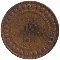 Тунис 10 сантимов 1917 год (VF-)