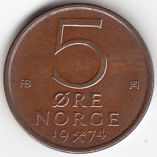 Норвегия 5 эре 1974 год