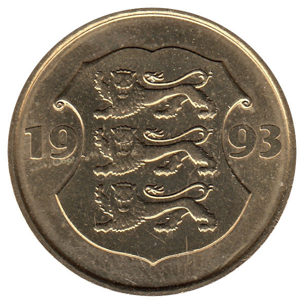 Эстония 5 крон 1993 год (без буквы "М" у лапы льва)