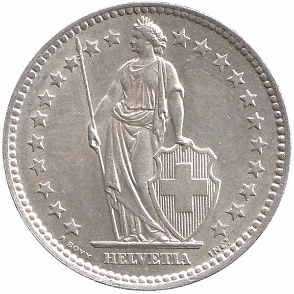 Швейцария 2 франка 1958 год (не частая!)